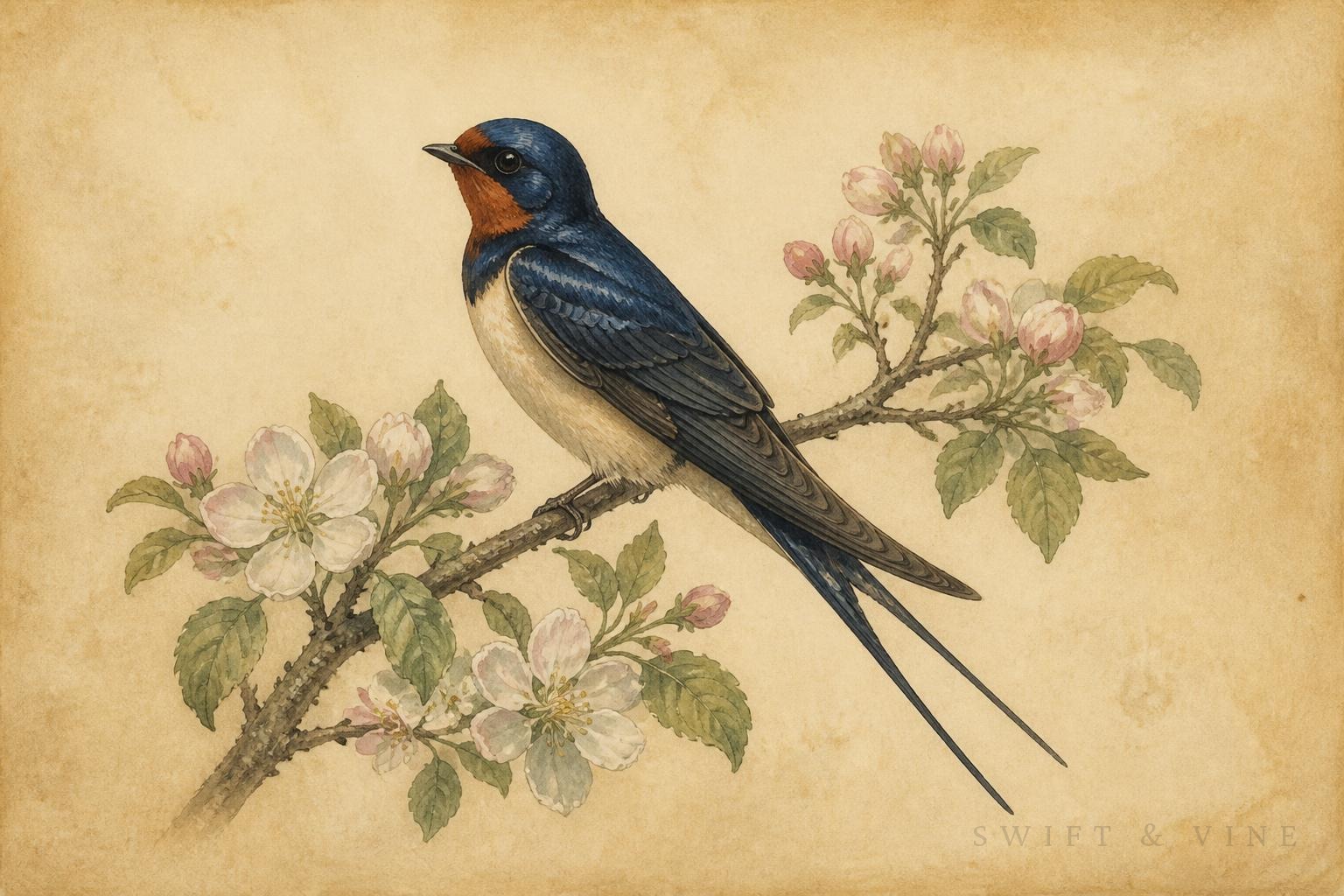 Hand-painted natural-history illustration of a barn swallow perched on an apple blossom branch