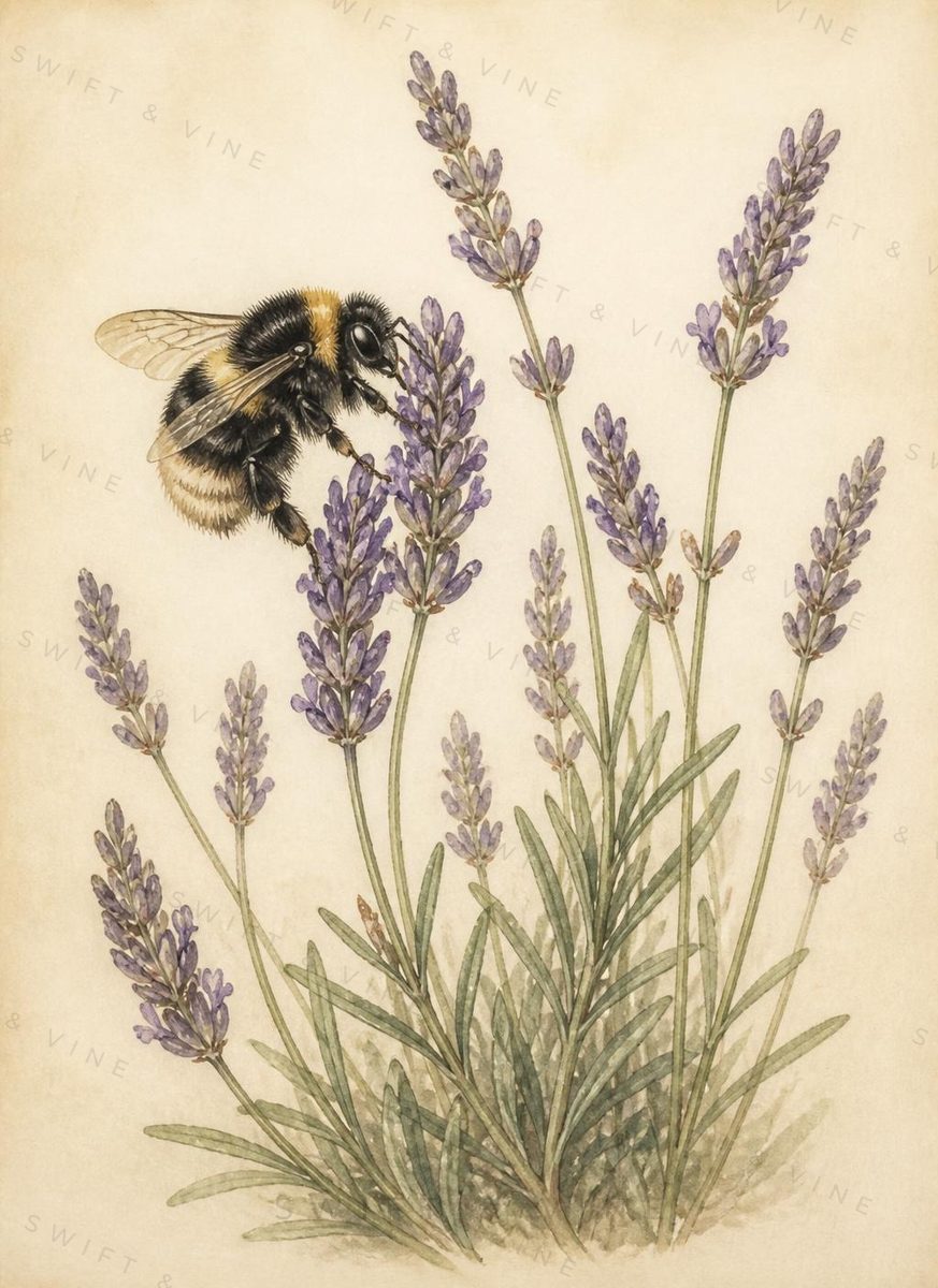 Close watercolour study of a bumblebee on a lavender stem.