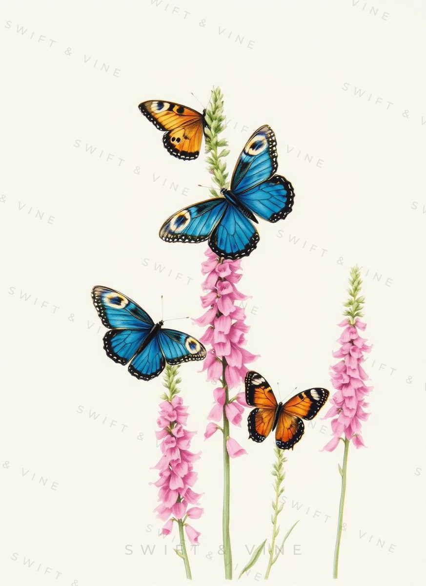 Watercolour of foxgloves with butterflies in a cottage garden.