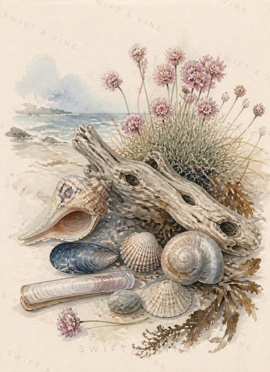 Watercolour arrangement of British seashells and sea thrift.