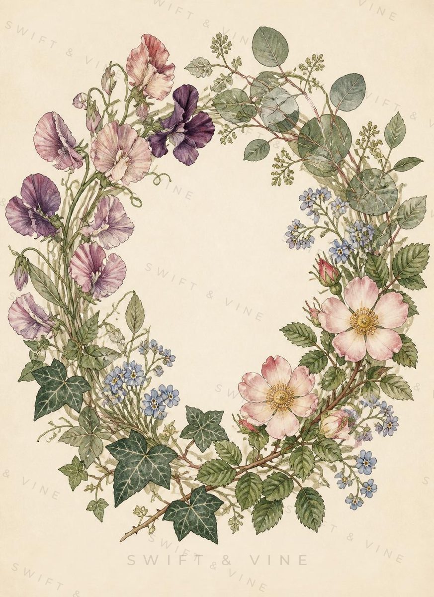 Circular watercolour wreath of summer flowers and foliage.