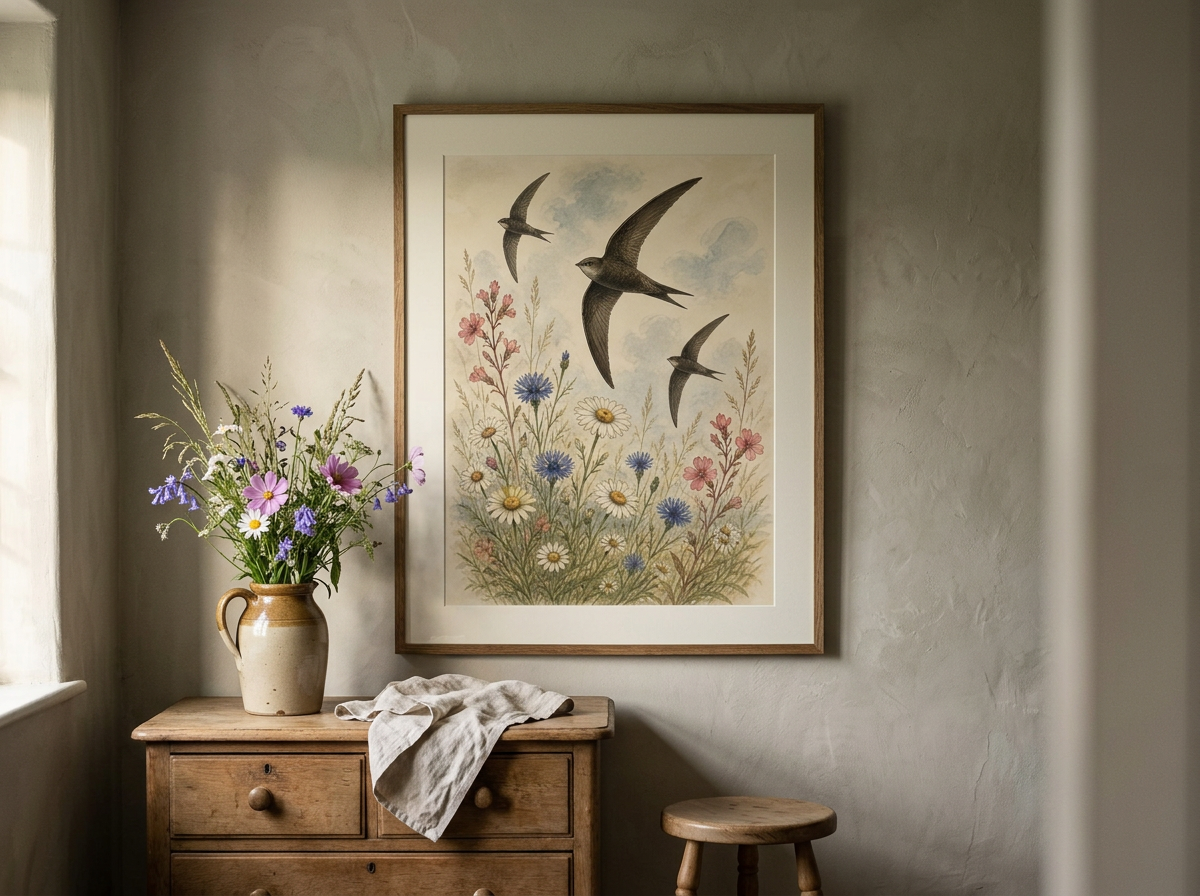 A framed botanical print of swifts above meadow flowers hanging on a limewashed cottage wall above an oak chest