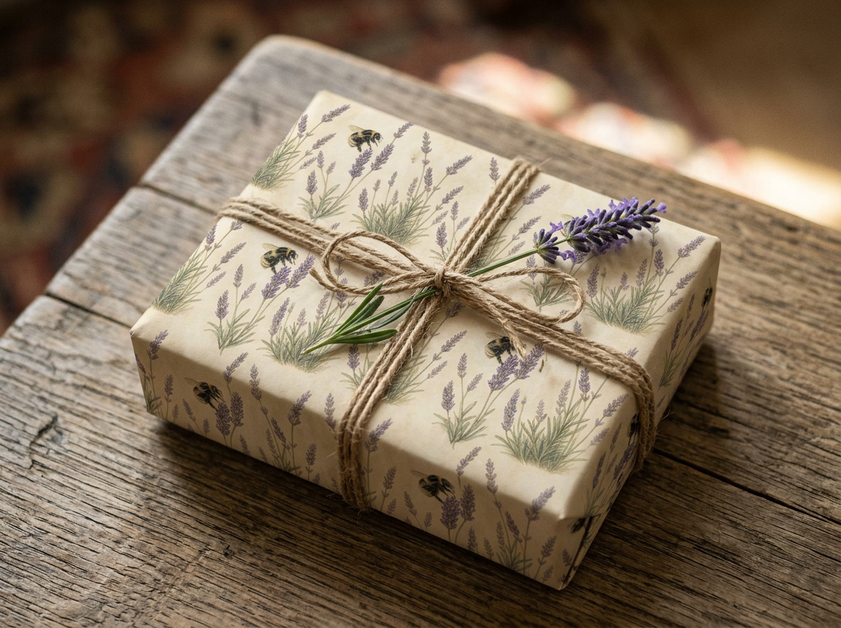 A parcel wrapped in lavender and bumblebee patterned paper, tied with jute twine on an oak table