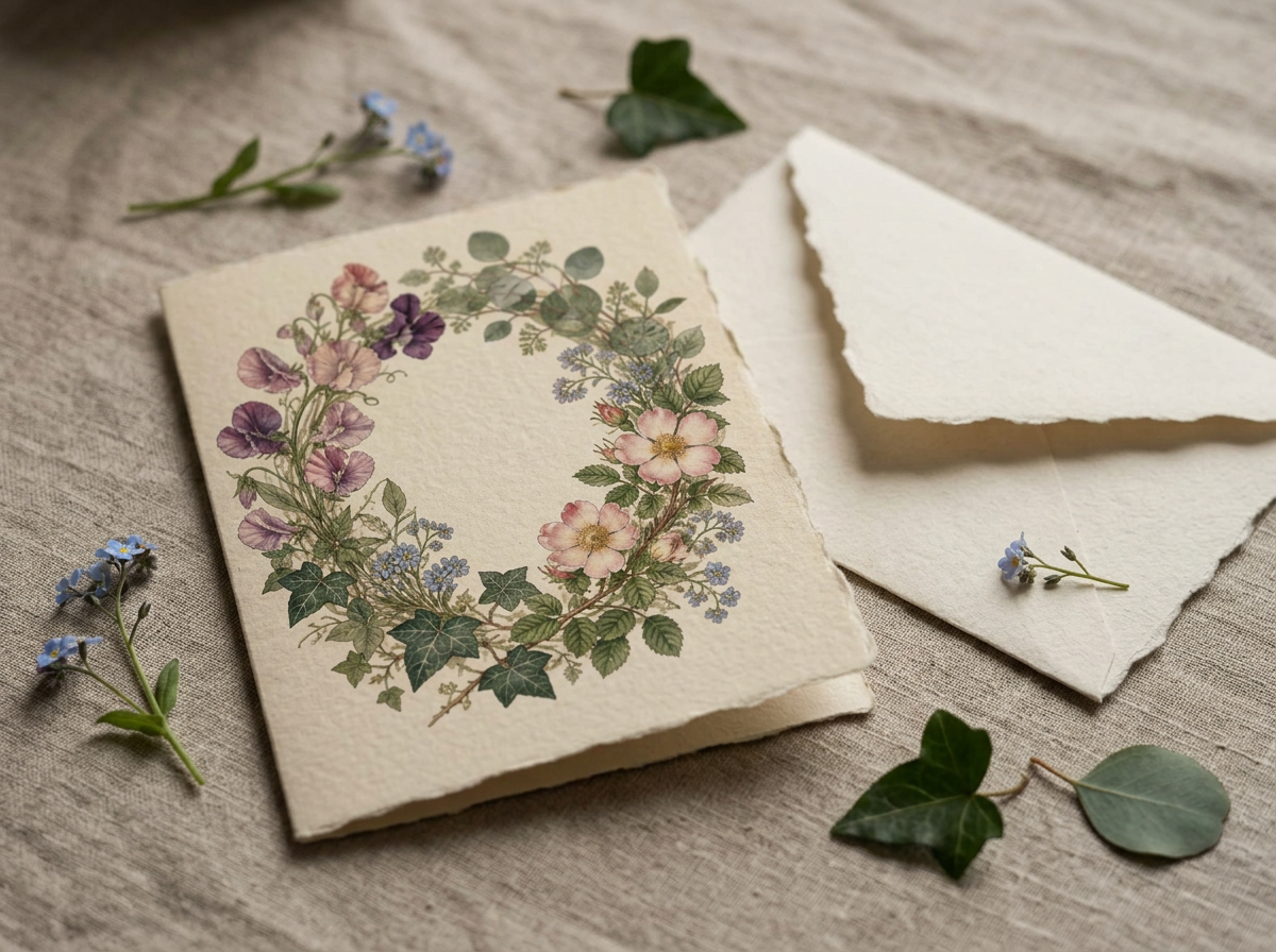 A folded greetings card printed with a botanical wreath resting on linen beside a handmade paper envelope