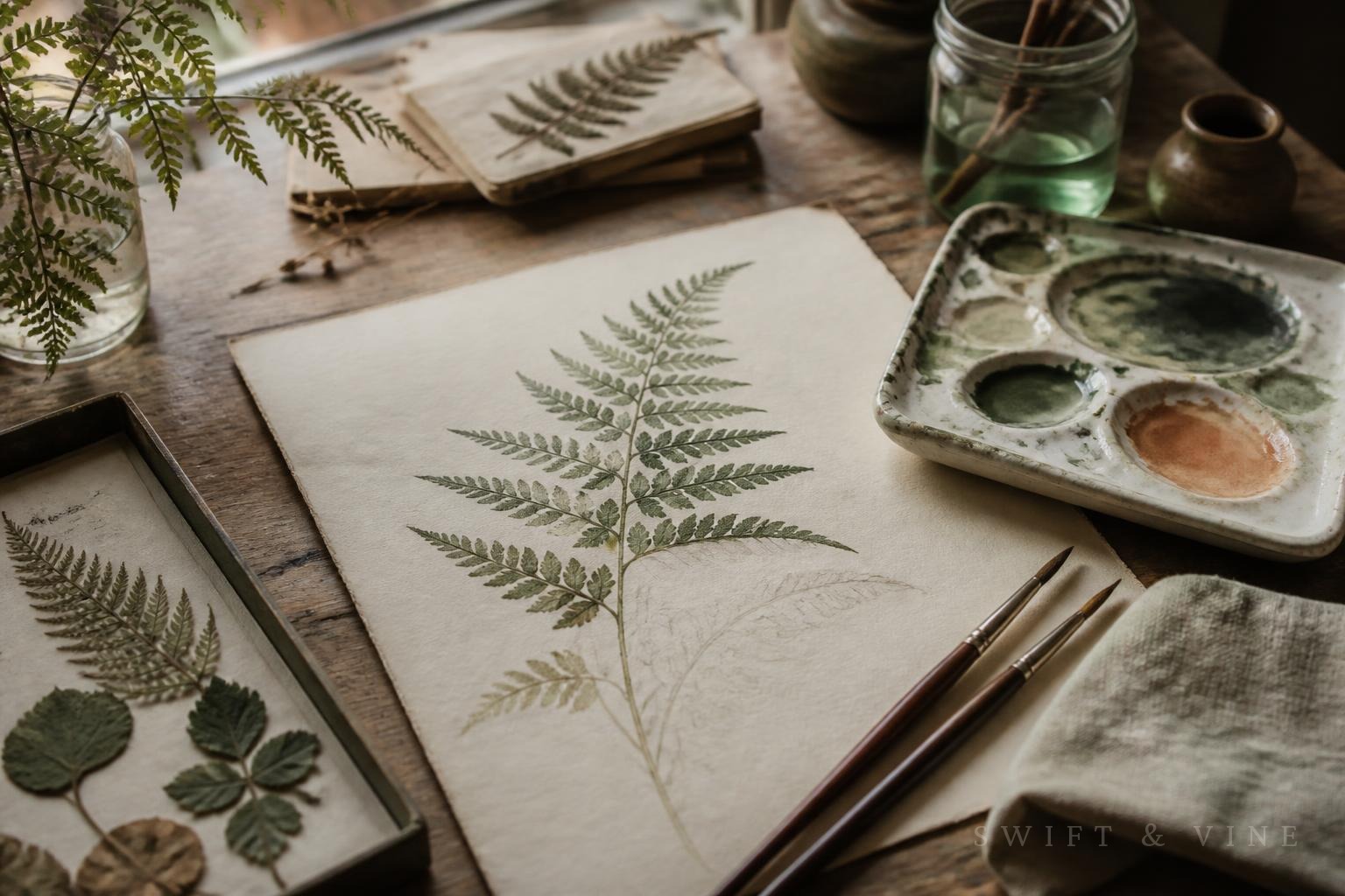 A botanical artist's table with watercolour brushes, a paint-stained palette and a half-finished fern study
