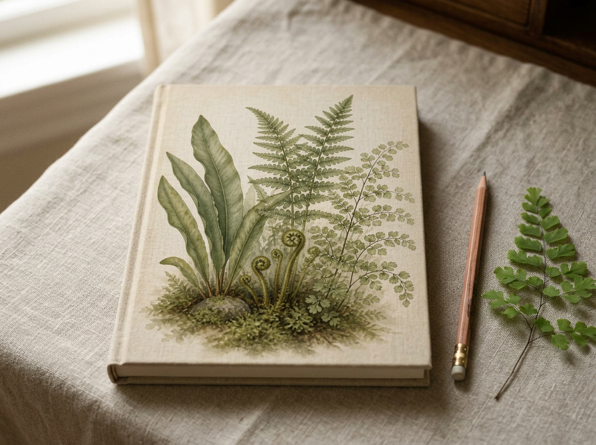 A cloth-bound notebook printed with a fern study lying on a linen-covered writing desk
