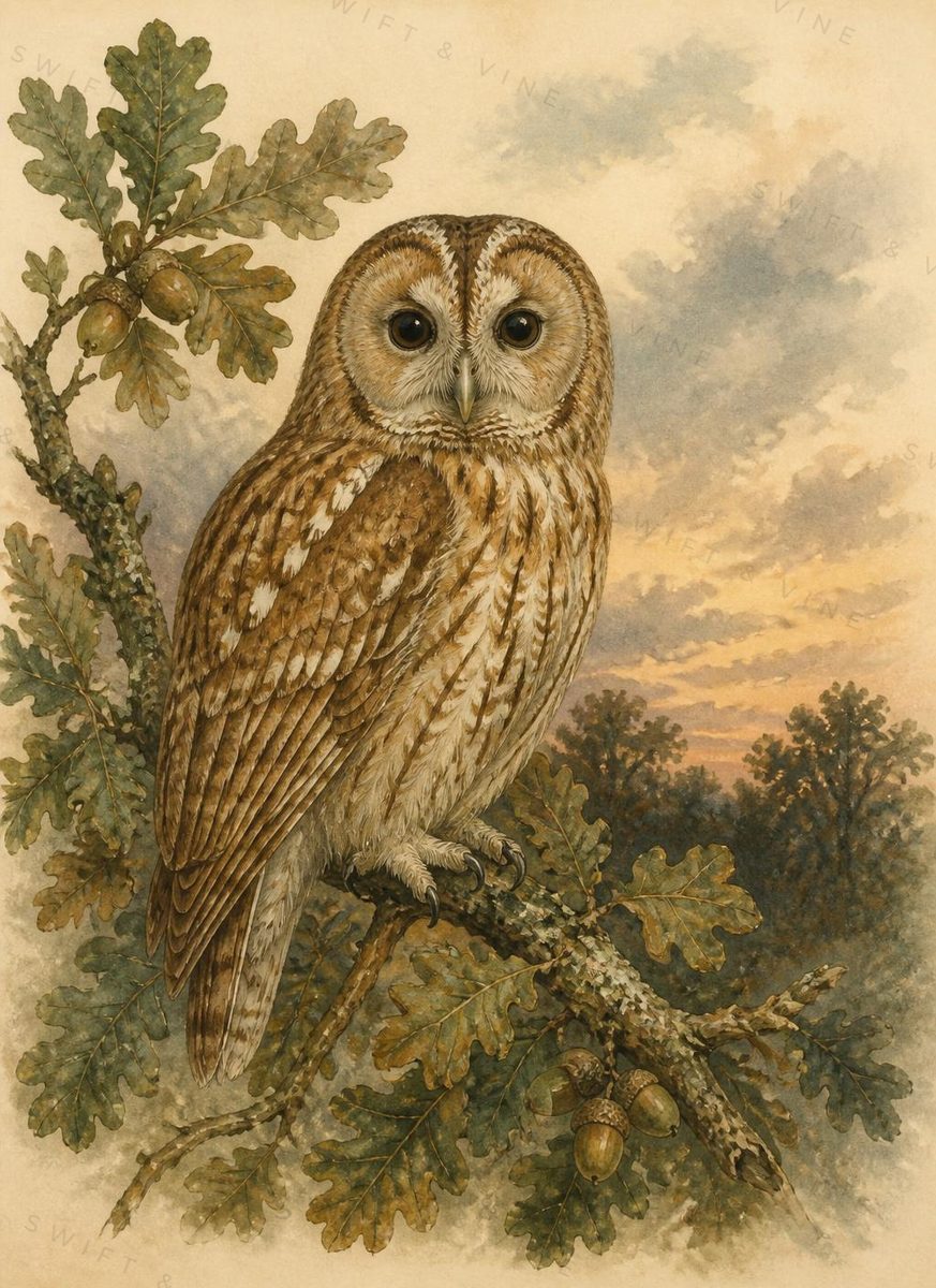 Watercolour of a tawny owl perched on an oak branch with acorns.