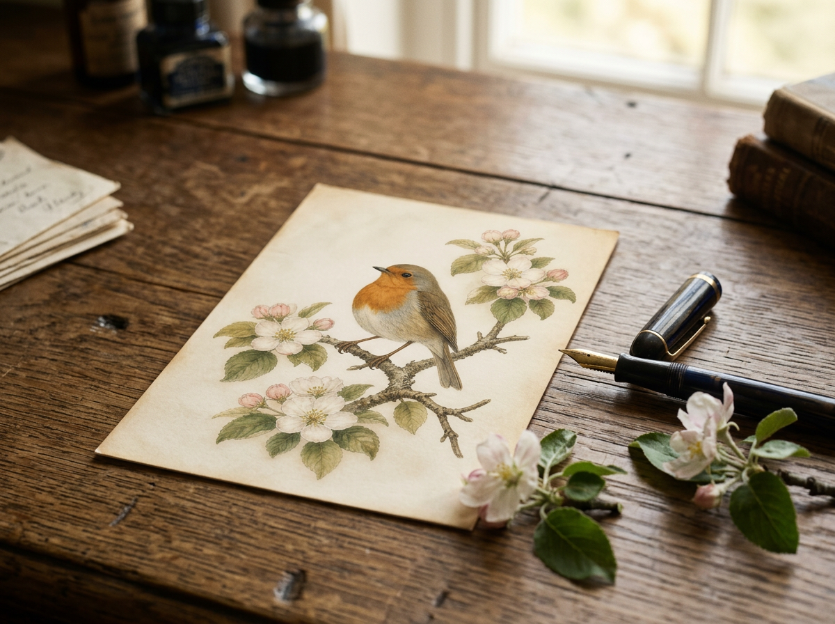 A postcard of a robin on apple blossom resting on an oak writing desk with a fountain pen