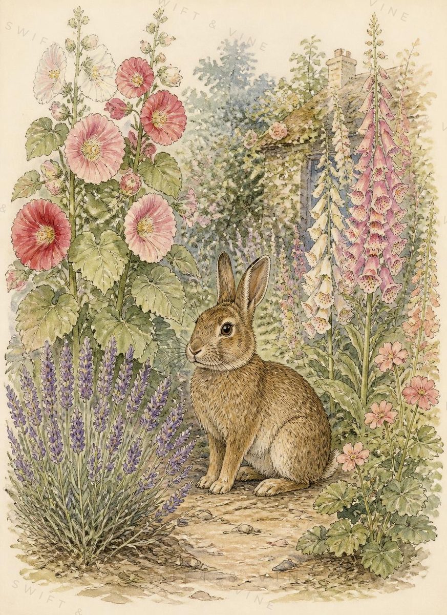 Watercolour of a young rabbit among cottage garden flowers.