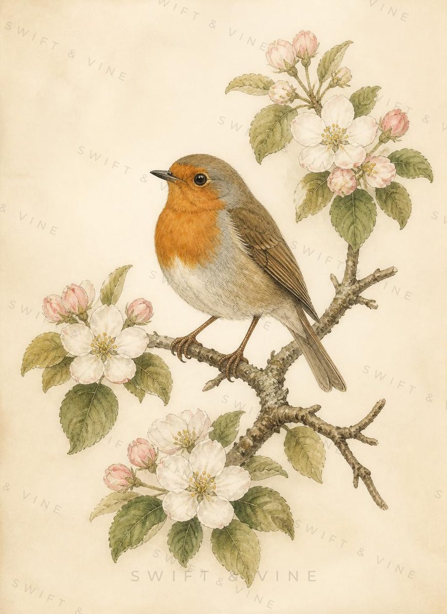 Watercolour of a robin perched among spring blossom.