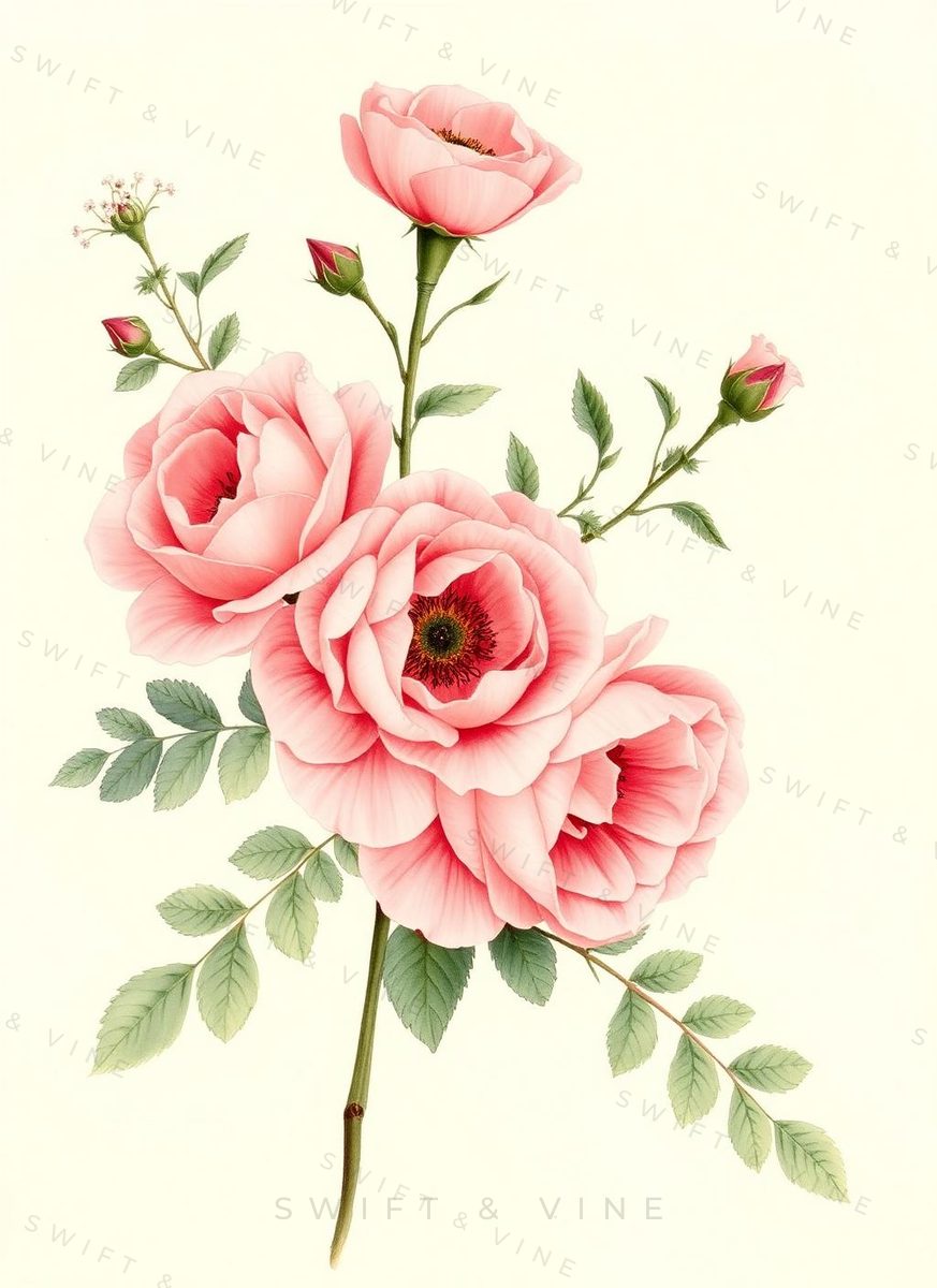 Watercolour study of old English garden roses with foliage.