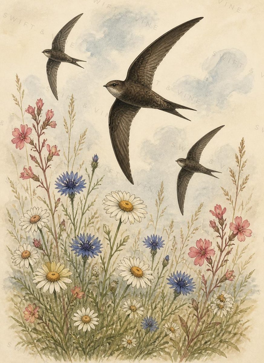 Watercolour of swifts in flight above a summer meadow of ox-eye daisies.