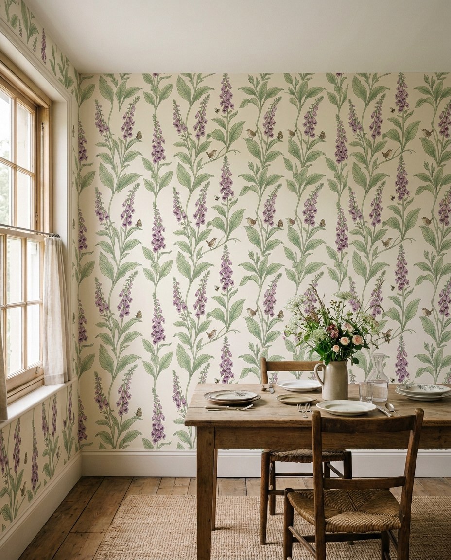 A cottage dining room papered in a repeating foxglove and wren wallpaper beside a sash window, with an oak table laid for supper