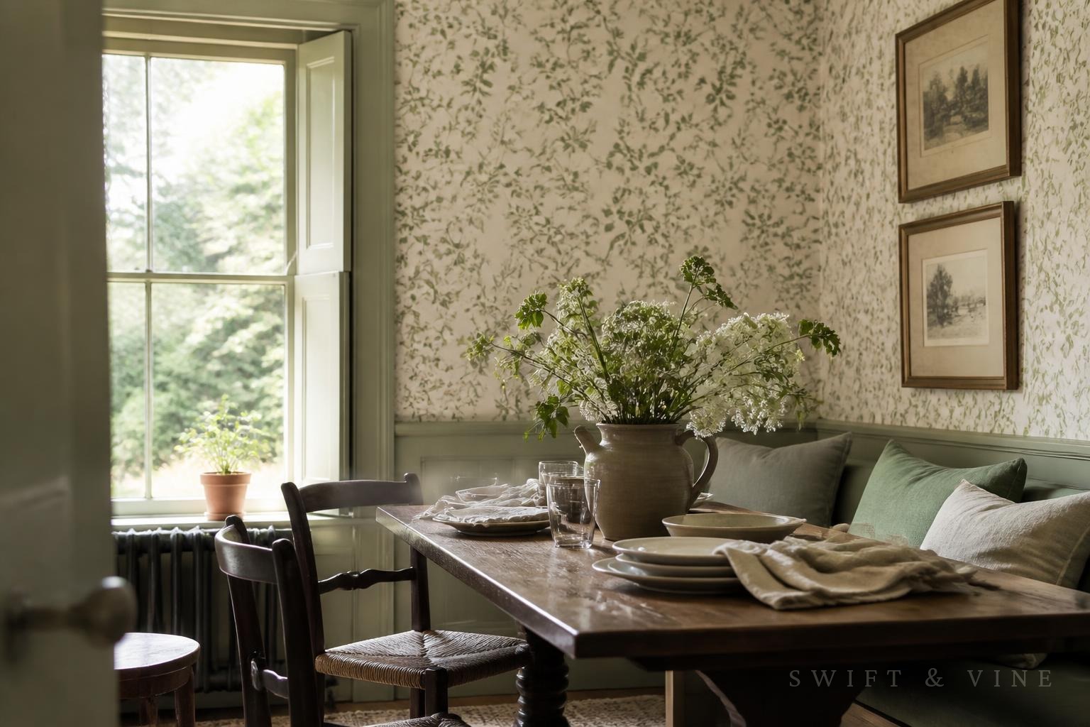 English cottage dining room with soft green botanical wallpaper, morning light and a jug of garden flowers