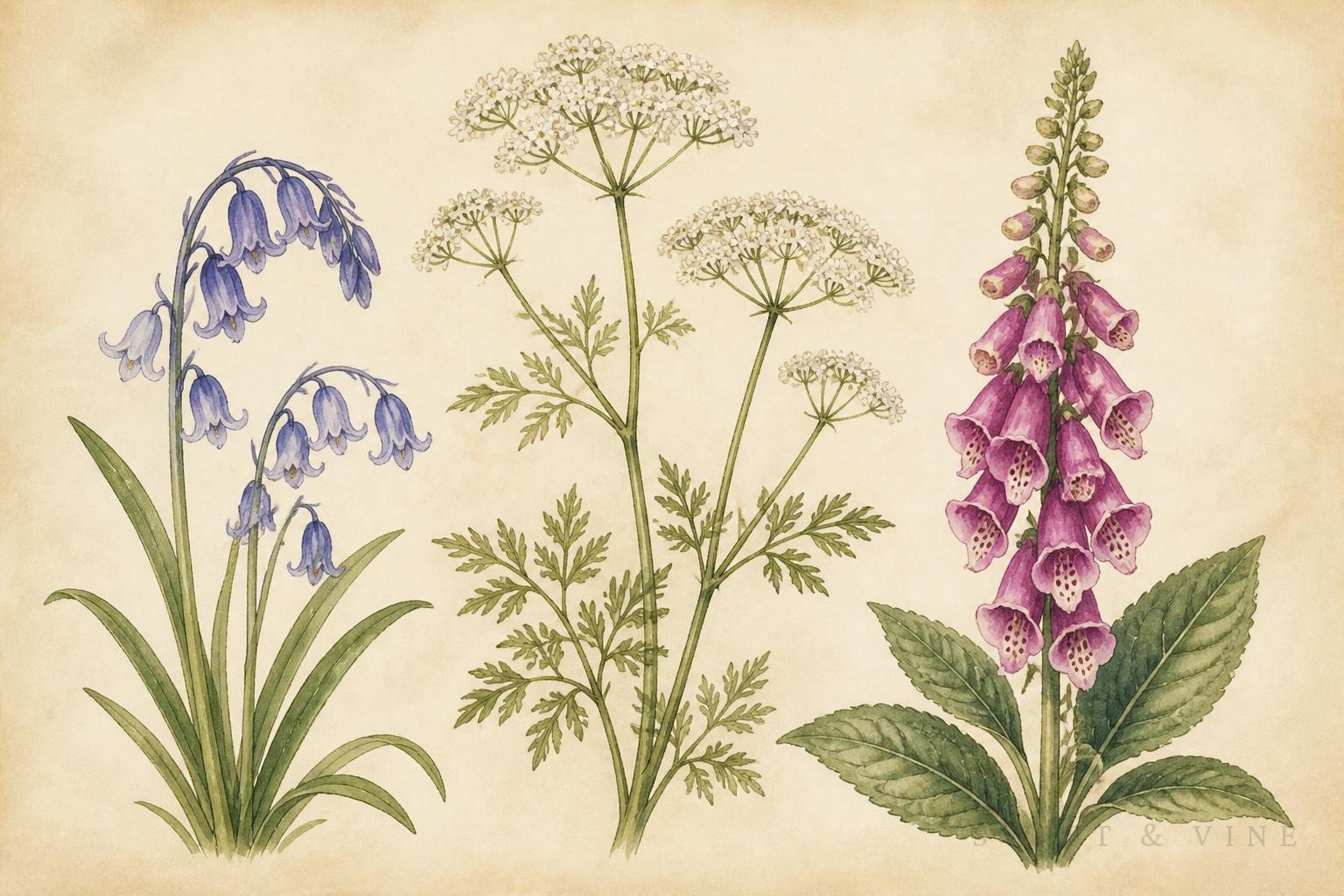 Hand-painted study of English bluebells, cow parsley and a foxglove on warm aged parchment
