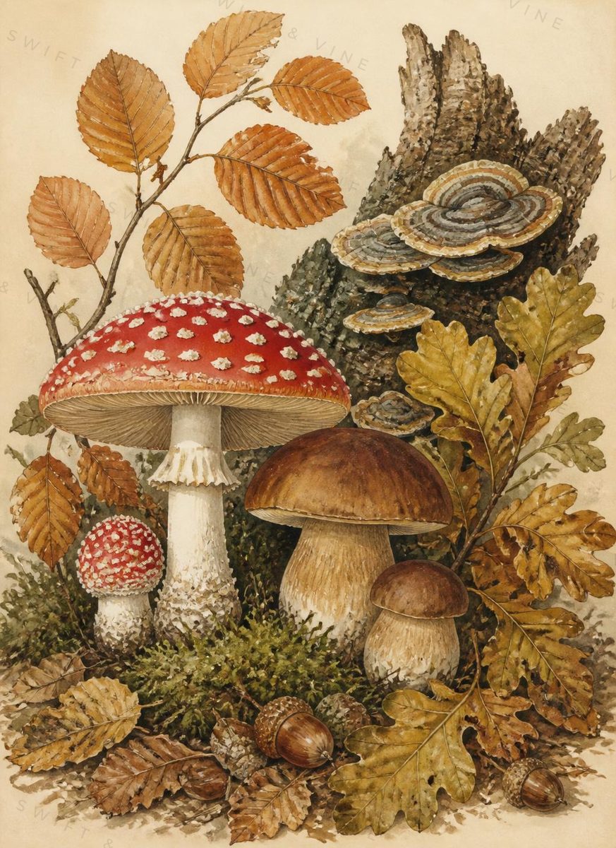 Natural history plate of British woodland fungi in watercolour.